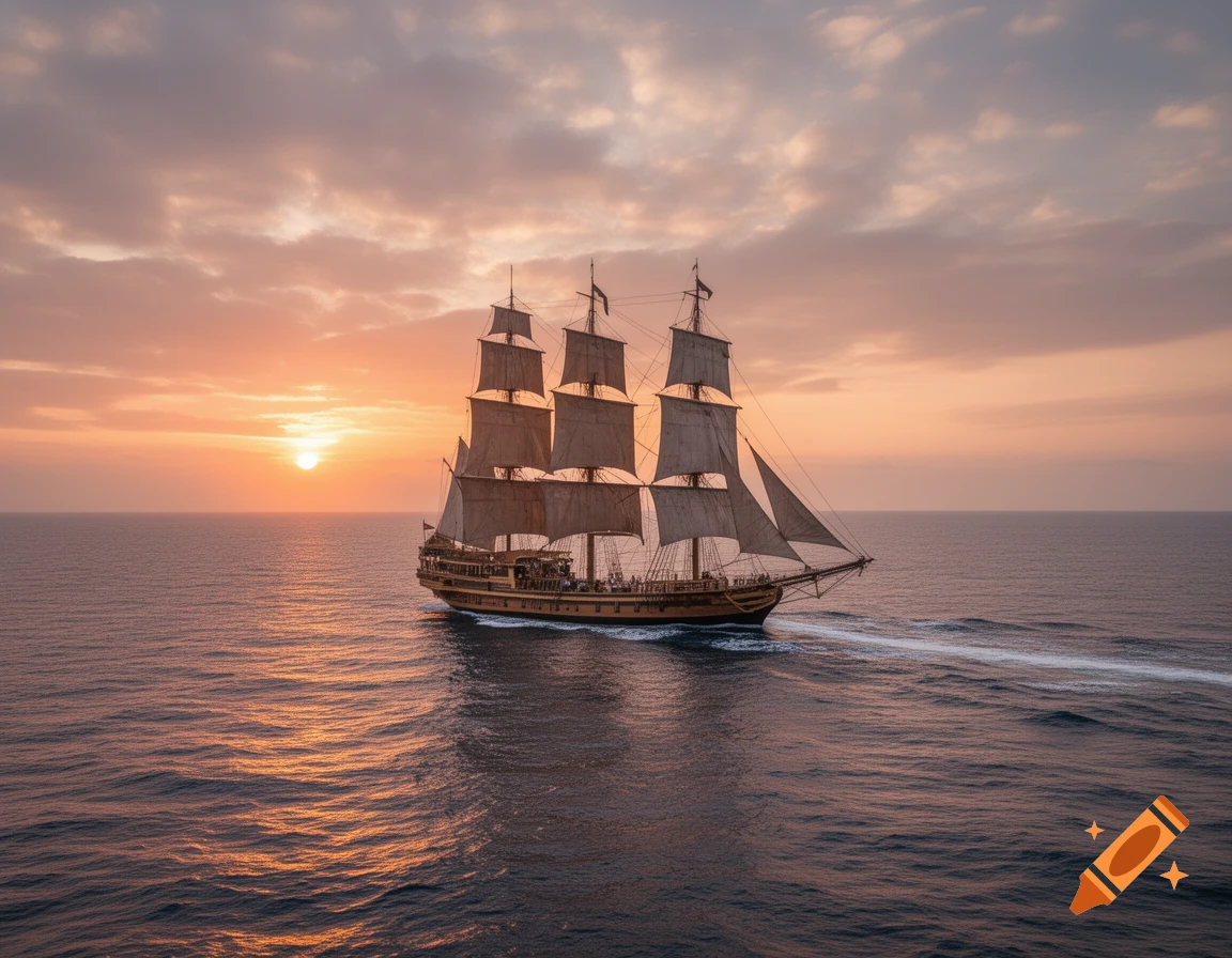A photorealistic three-masted sailing ship navigating the sea at sunset with gentle waves under a cloudy sky.