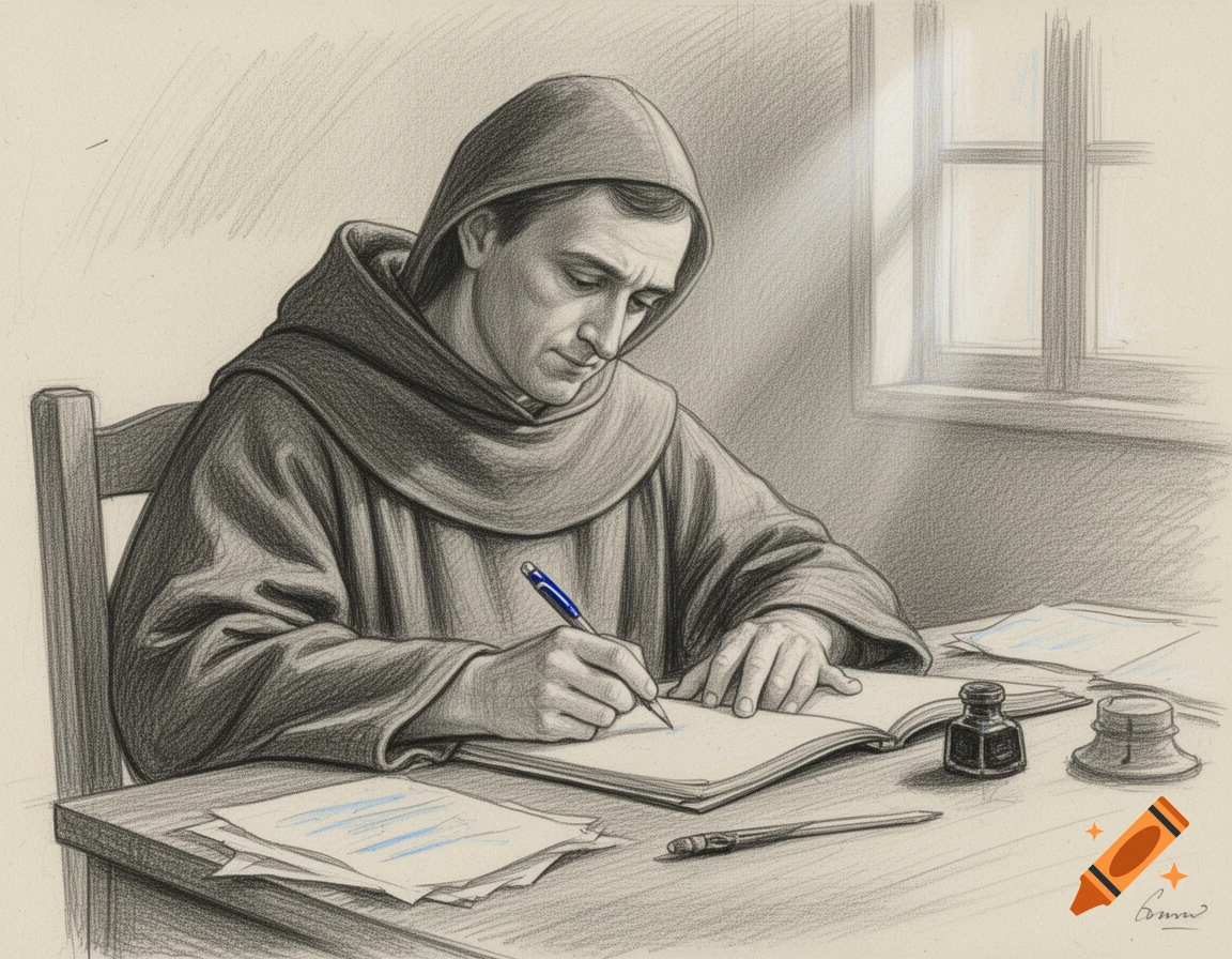 Pencil sketch of a Franciscan capuchin monk writing in a book at a desk.