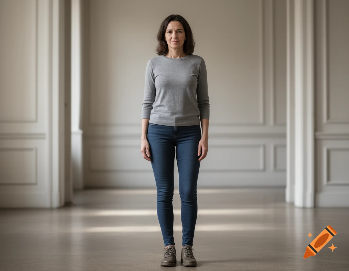 Photorealistic full-body portrait of a woman standing in a large empty room with grey walls and a concrete floor.