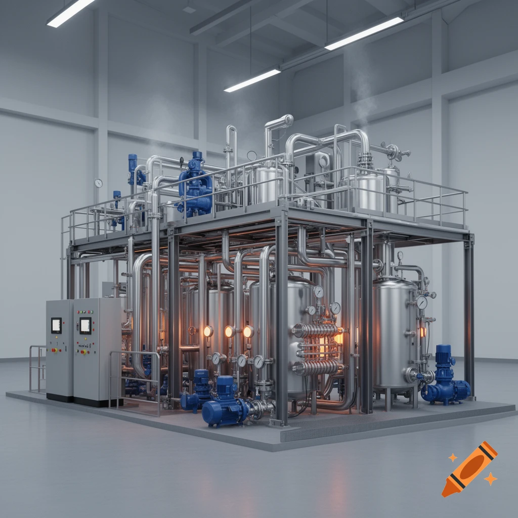 3D photorealistic rendering of an industrial thermal processing plant with stainless steel tanks and pipes inside a bright facility.