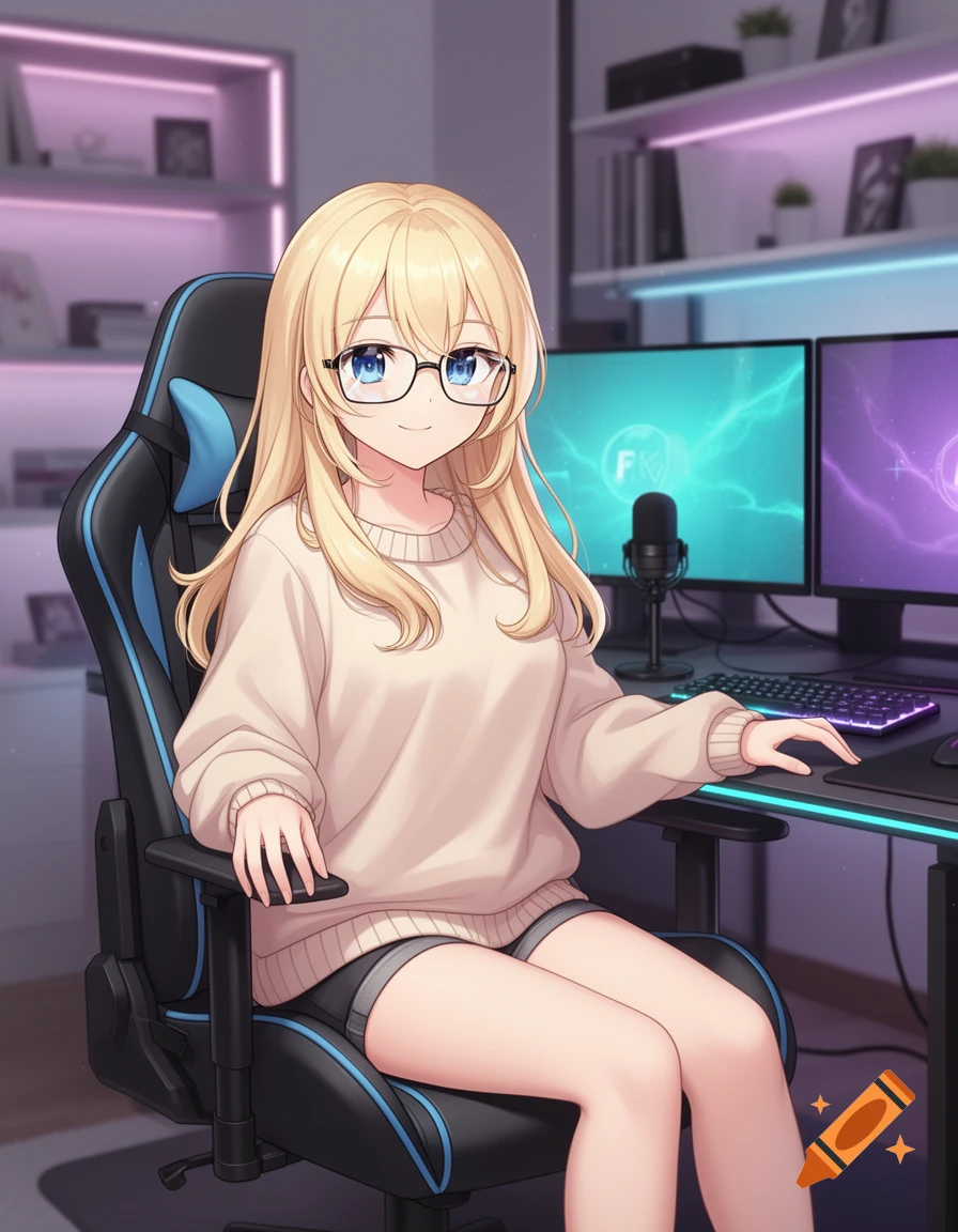 Anime style illustration of a blonde girl with glasses sitting in a gaming chair at a desk.
