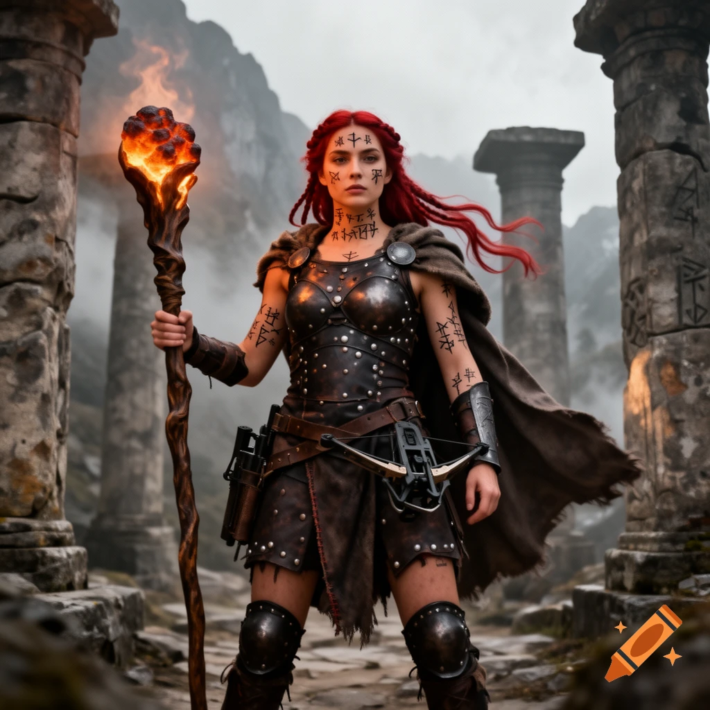 Photorealistic fantasy priestess with red braided hair, rune tattoos, studded leather armor, holding a flaming staff and crossbow amidst ruins.