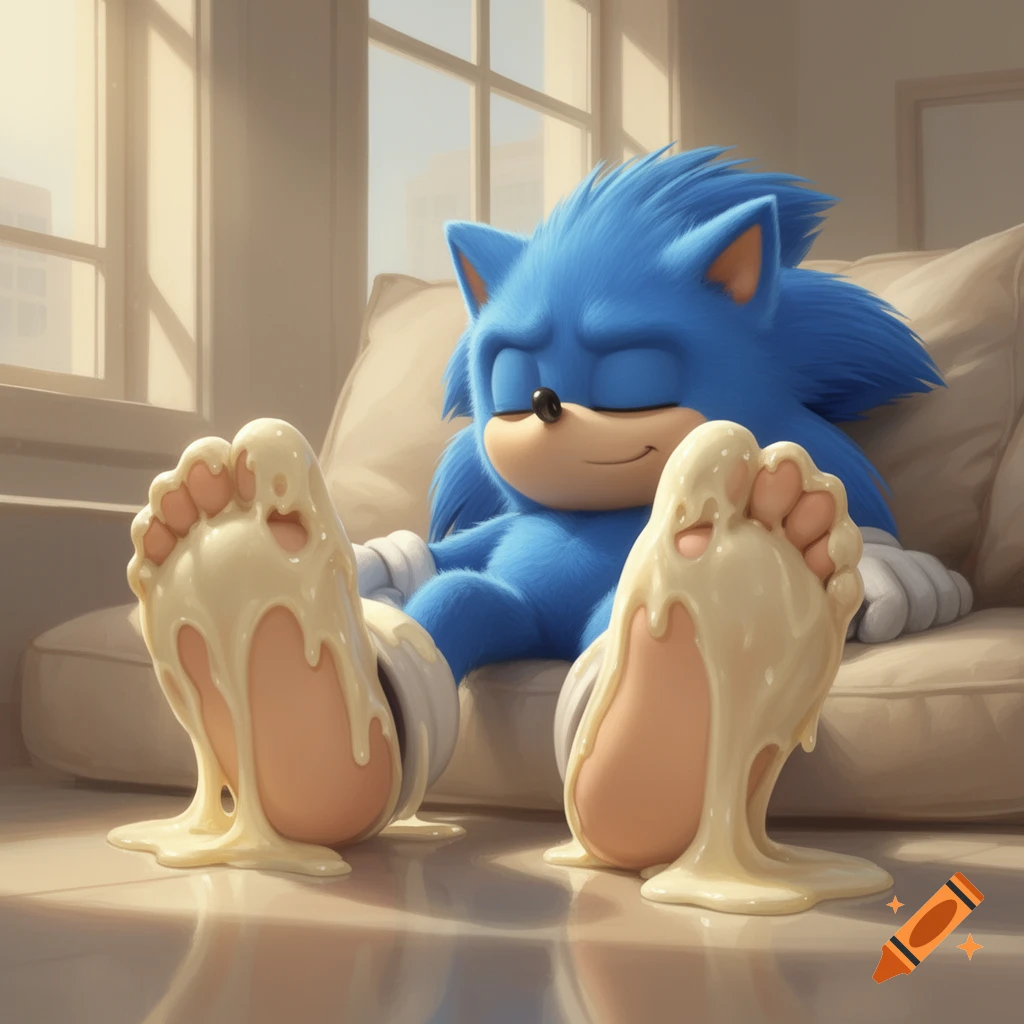 Digital illustration of Sonic the Hedgehog relaxing on a sofa with his feet covered in melted vanilla ice cream.