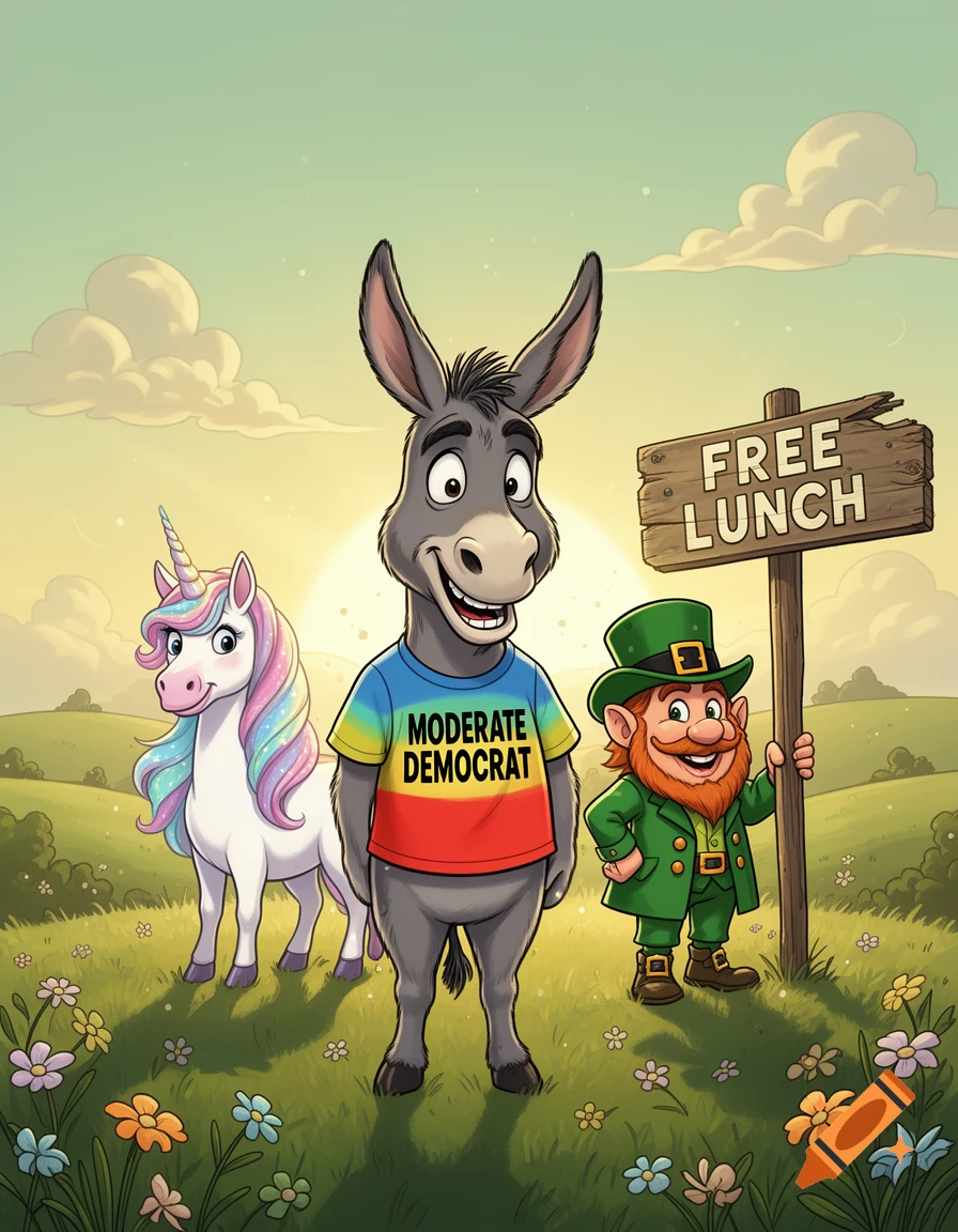 Cartoon illustration of a donkey wearing a shirt that reads 'MODERATE DEMOCRAT' standing next to a unicorn, a leprechaun, and a sign that reads 'FREE LUNCH'.