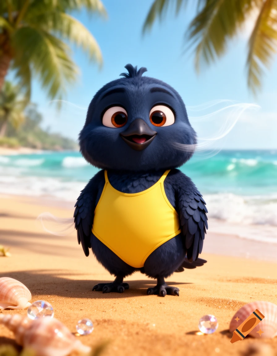 CGI animation style dark blue female bird wearing a yellow bathing suit standing on a tropical beach.