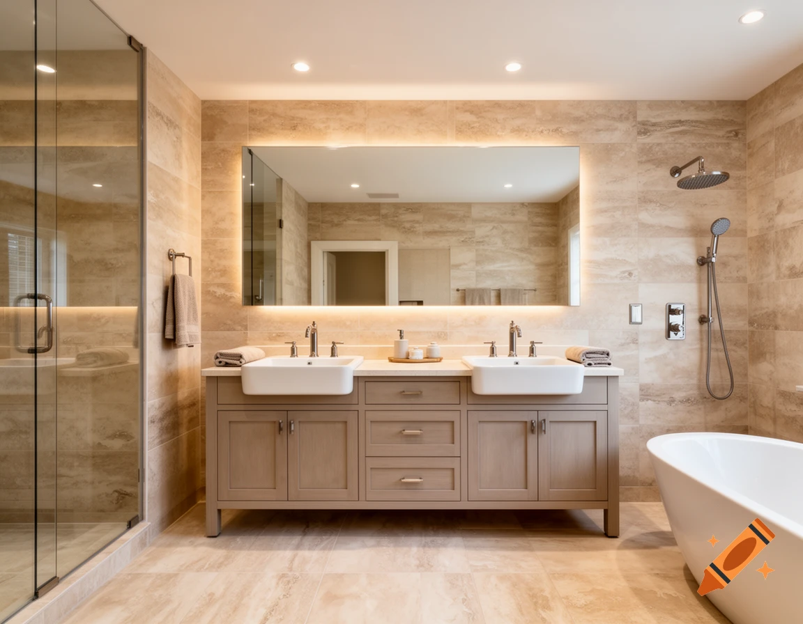 Photorealistic modern master bathroom with beige travertine tile, double vanity with dual sinks, backlit mirror, glass shower, and freestanding tub.