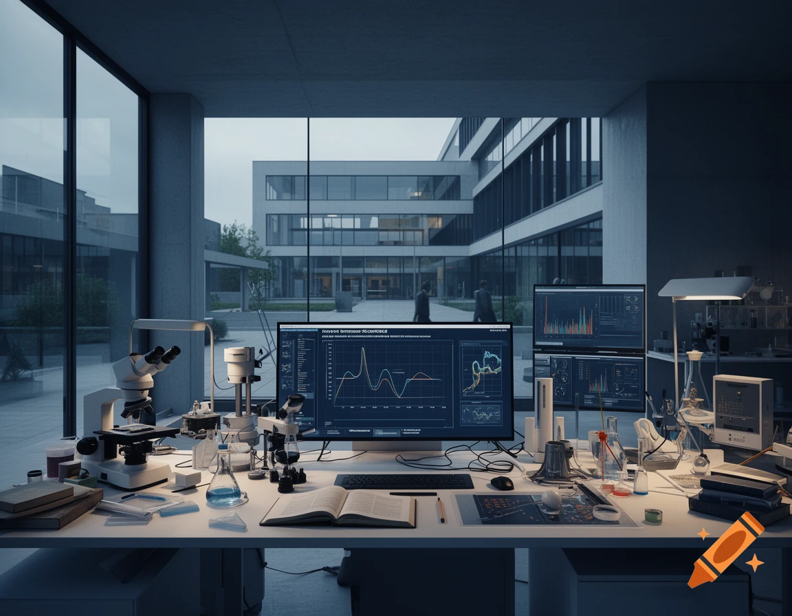 Photorealistic laboratory interior with microscopes, monitors displaying charts, and a large window overlooking a modern building courtyard.