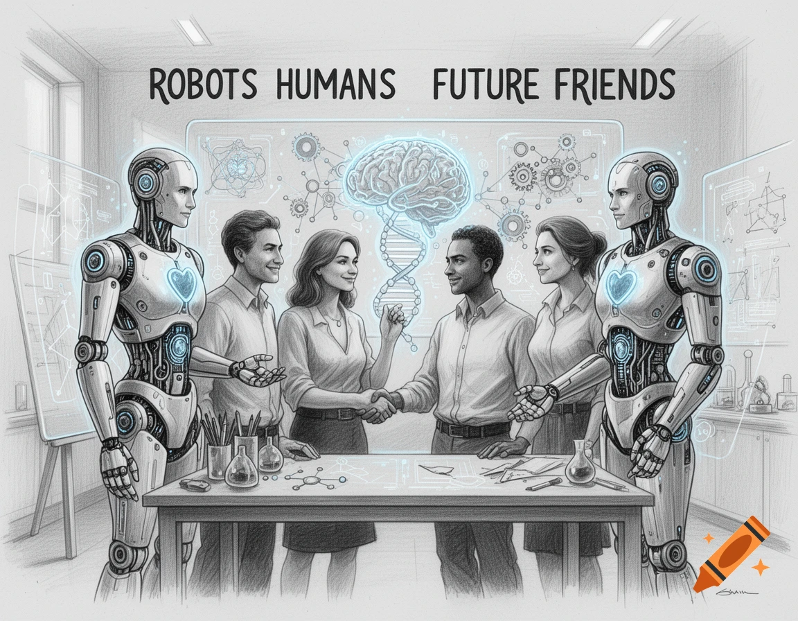 Pencil sketch of humans and humanoid robots shaking hands in a laboratory, with a glowing brain and DNA hologram above them and text reading ROBOTS HUMANS FUTURE FRIENDS.