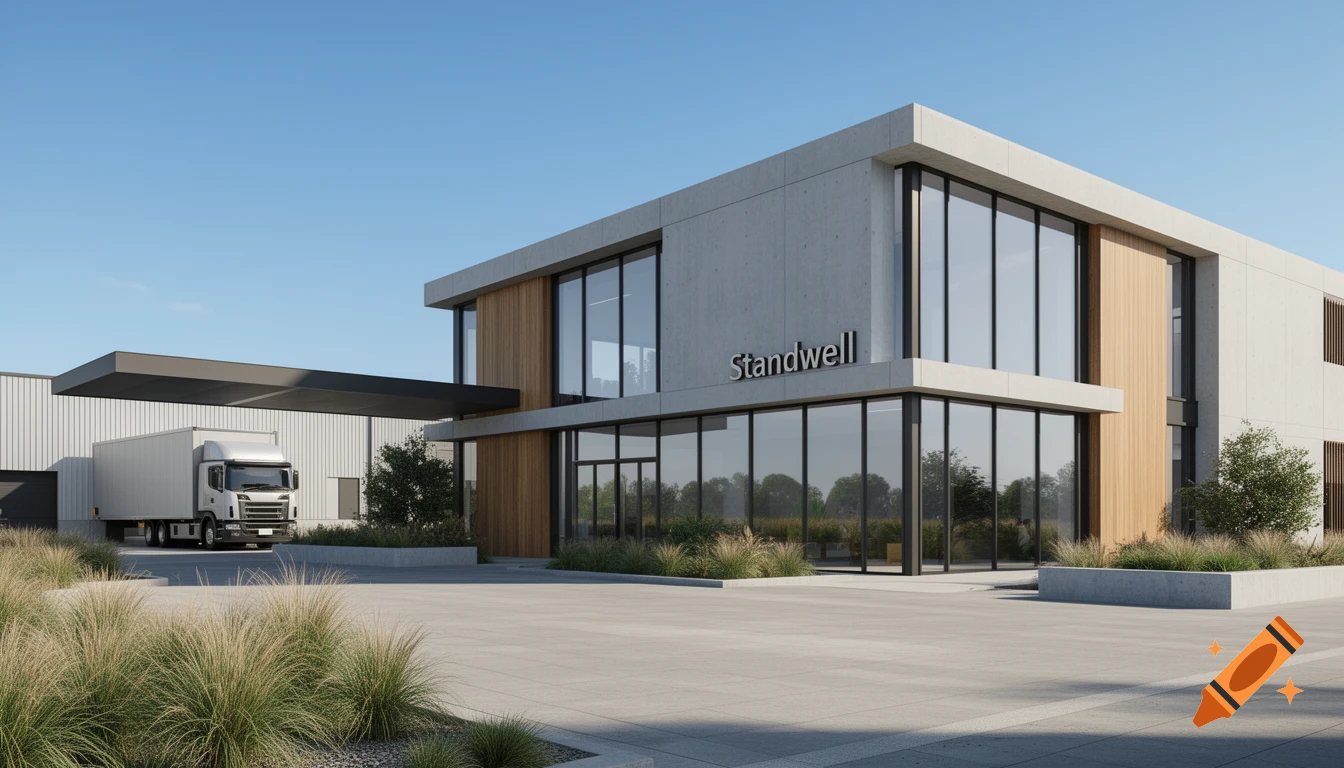 Photorealistic exterior photo of a modern two-story commercial building with glass curtain walls, wood cladding, and a truck loading bay.