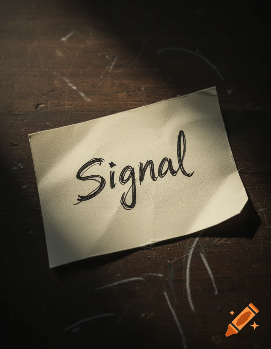 Close-up photorealistic shot of a small paper note with the word 'Signal' written in cursive scribble, resting on a dark wooden surface.