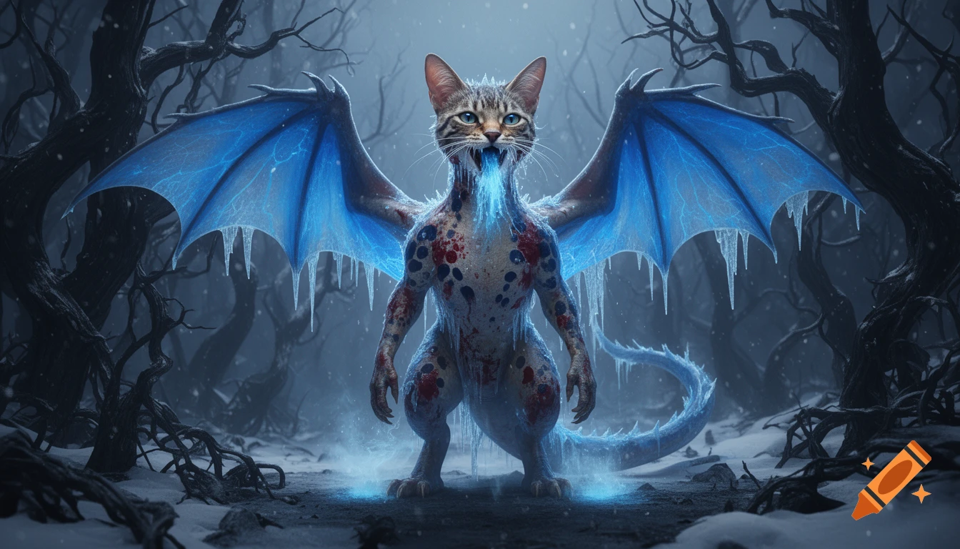 Photorealistic cat-headed dragon with blue glowing wings and frost in a dark snowy forest.