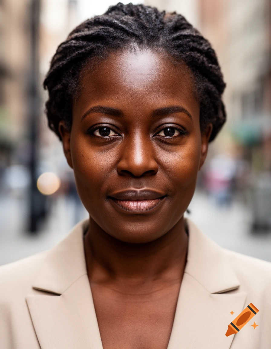 Photorealistic close-up portrait of an Ebony woman with braided hair wearing a beige blazer.