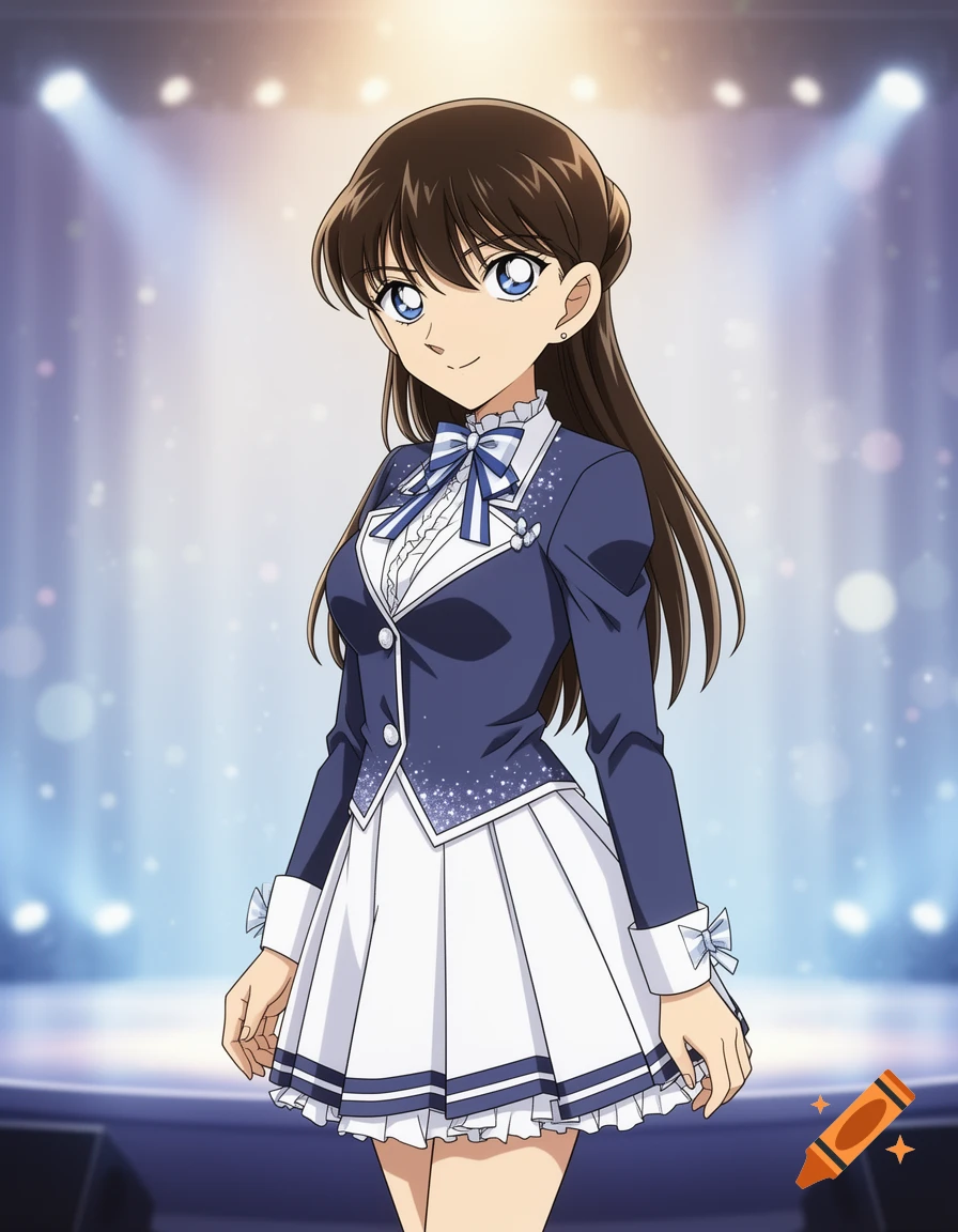 Anime illustration of Ran Mouri in a blue and white idol outfit on a stage with spotlights.