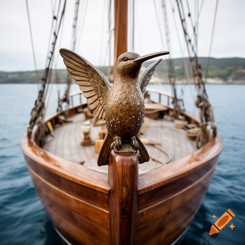 Close-up of a wooden hummingbird figurehead on the bow of a sailboat on the water, photorealistic.