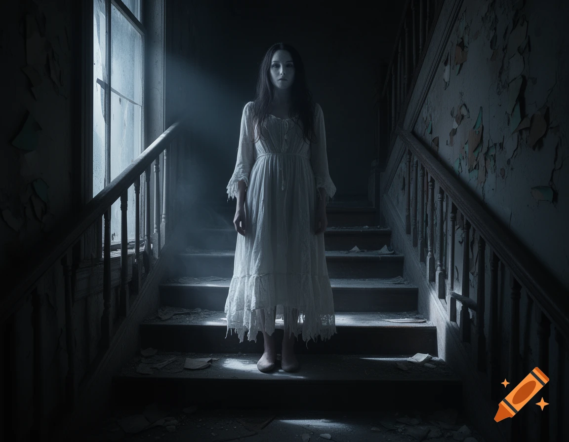 Photorealistic image of a female ghost in a white dress standing on the stairs of a dark, ruined house.