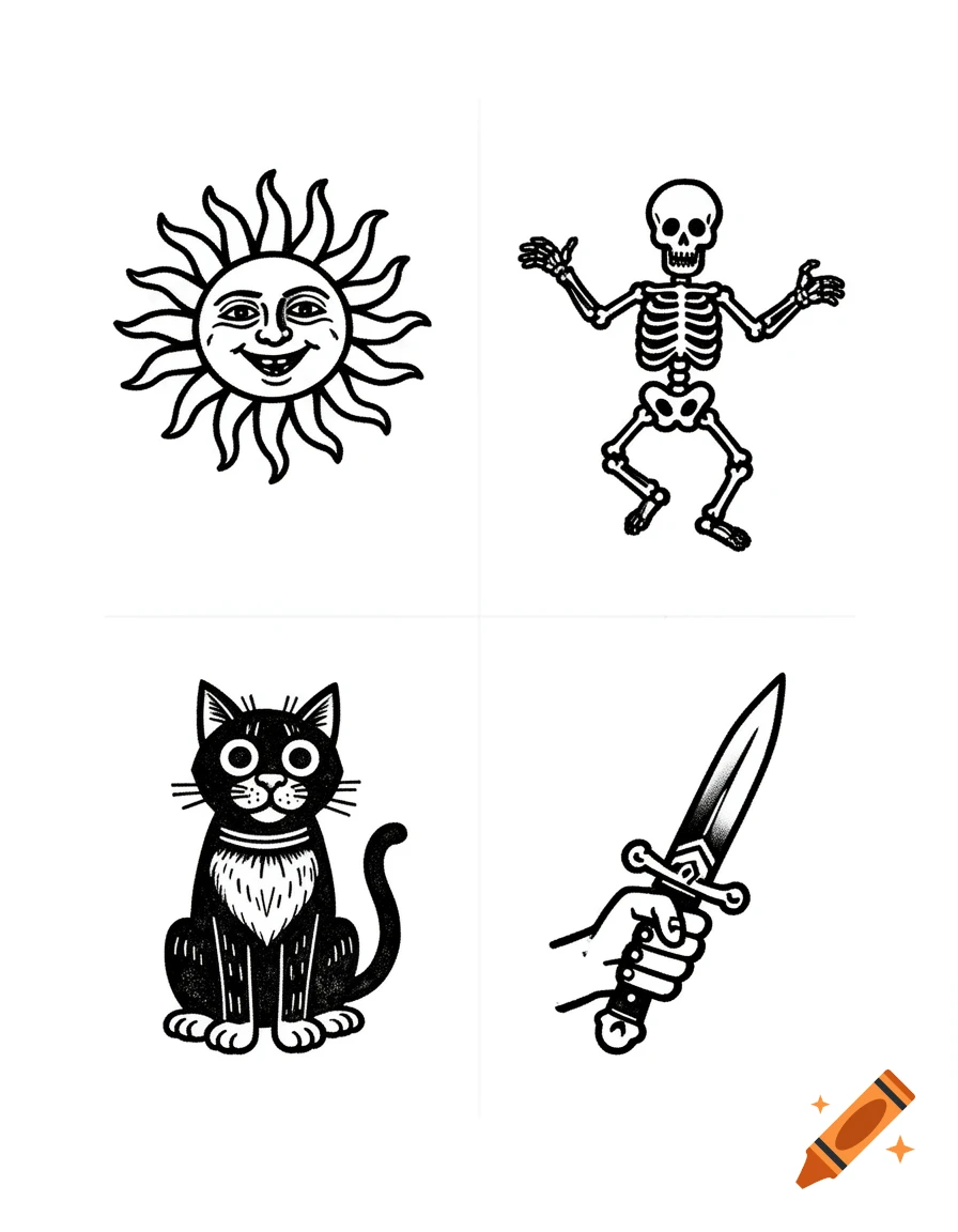 Tattoo flash sheet with four black and ink designs: a smiling sun, a dancing skeleton, a goofy cat, and a hand holding a dagger, medieval woodcut style.