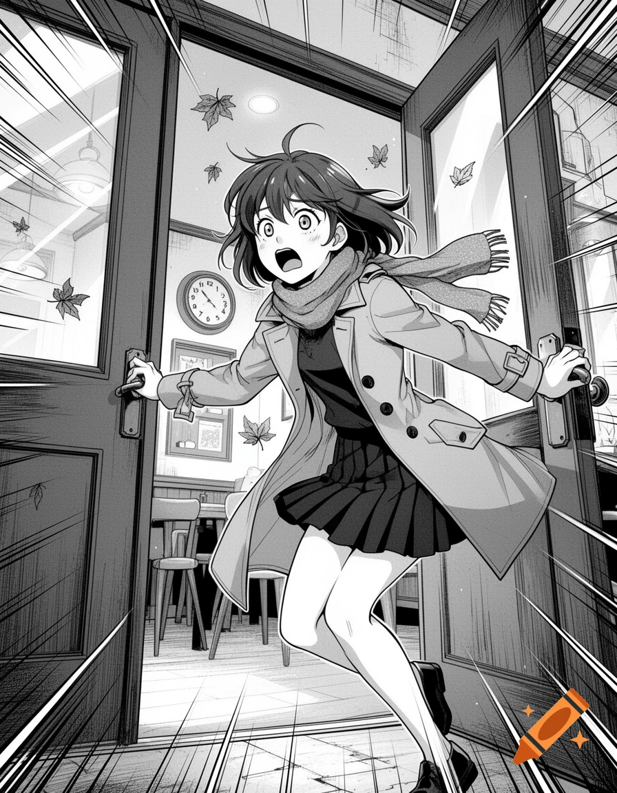 Black and white anime style manga panel of a panicked girl in a trench coat bursting through cafe doors.