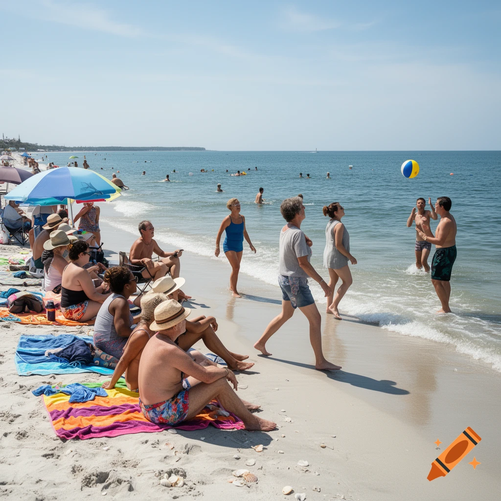 Photorealistic scene of people relaxing and playing beach volleyball on a sunny sandy beach by the ocean.