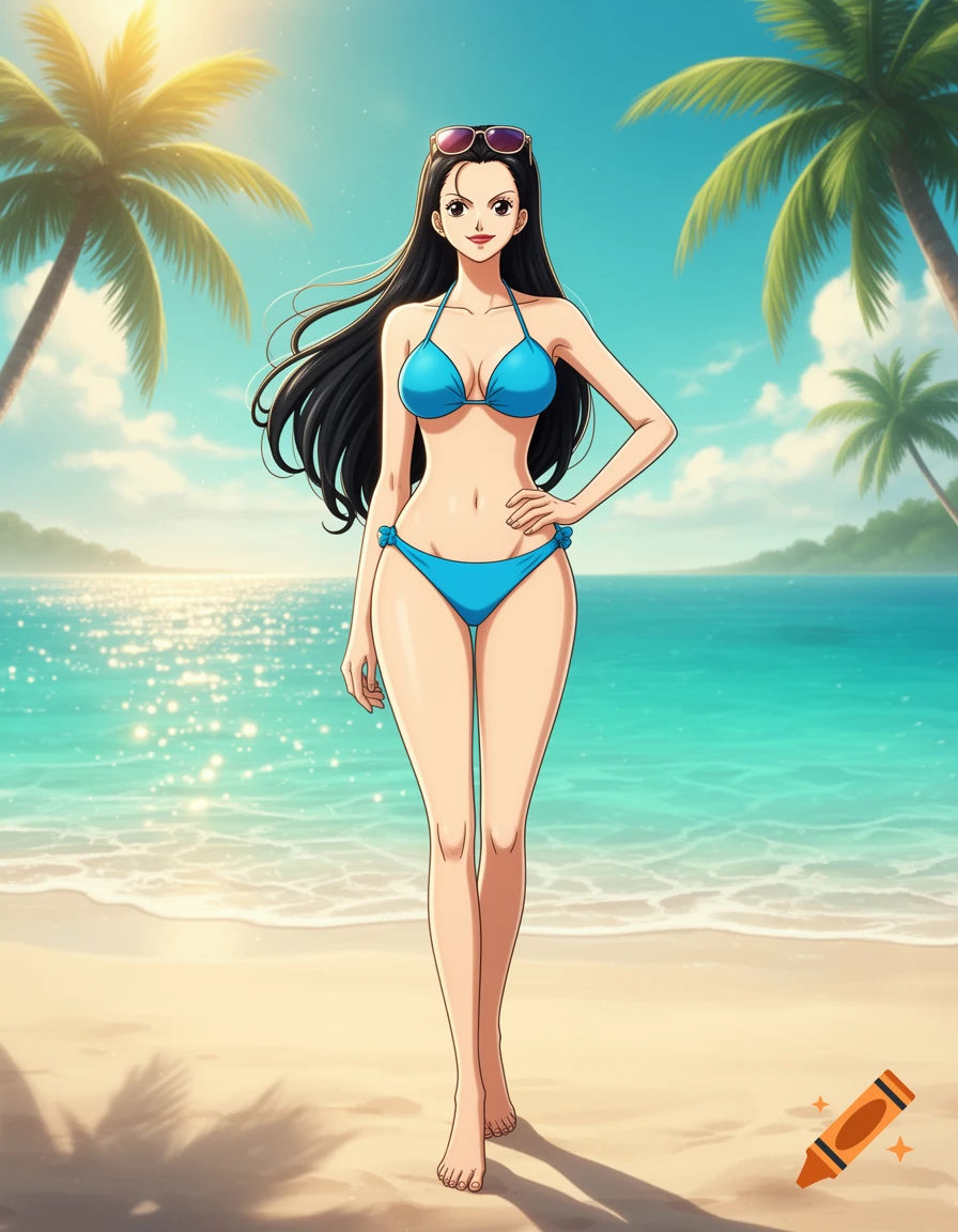 Anime style illustration of Nico Robin standing on a sunny beach in a blue bikini.
