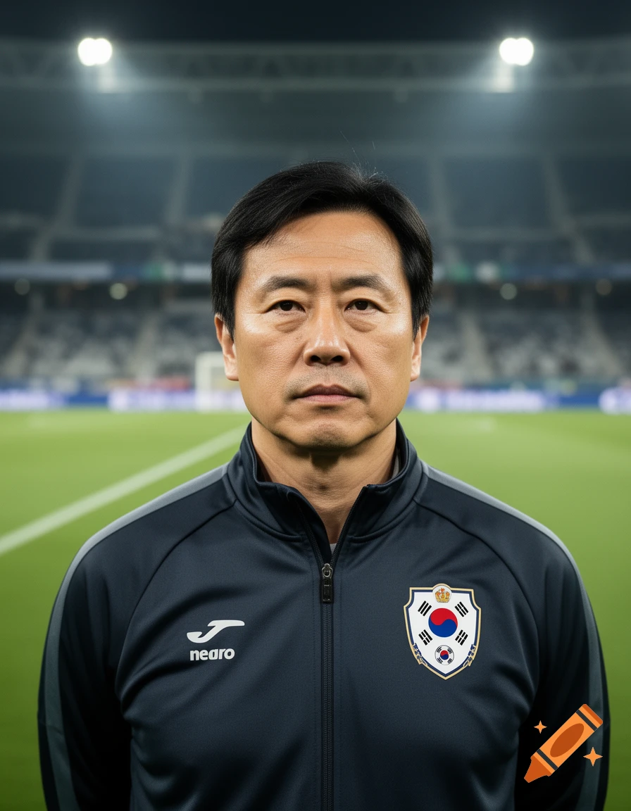Photorealistic portrait of a middle-aged East Asian soccer coach in a stadium wearing a dark tracksuit.