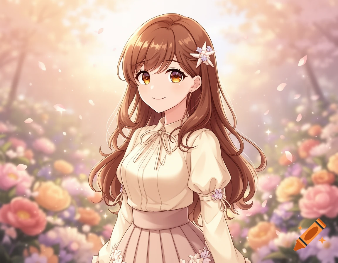 Anime style illustration of a smiling young woman with brown hair and a cream-colored dress, surrounded by soft pastel flowers.