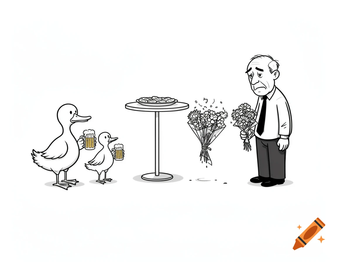 Black and white line art of two anthropomorphic ducks holding beer and a sad man holding flowers in an office setting.