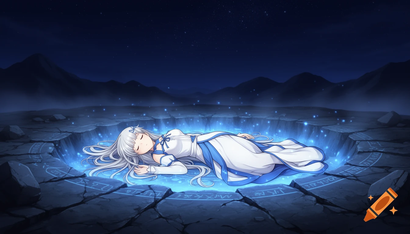 Anime style illustration of a girl with long pale hair lying unconscious in a glowing blue crater at night.