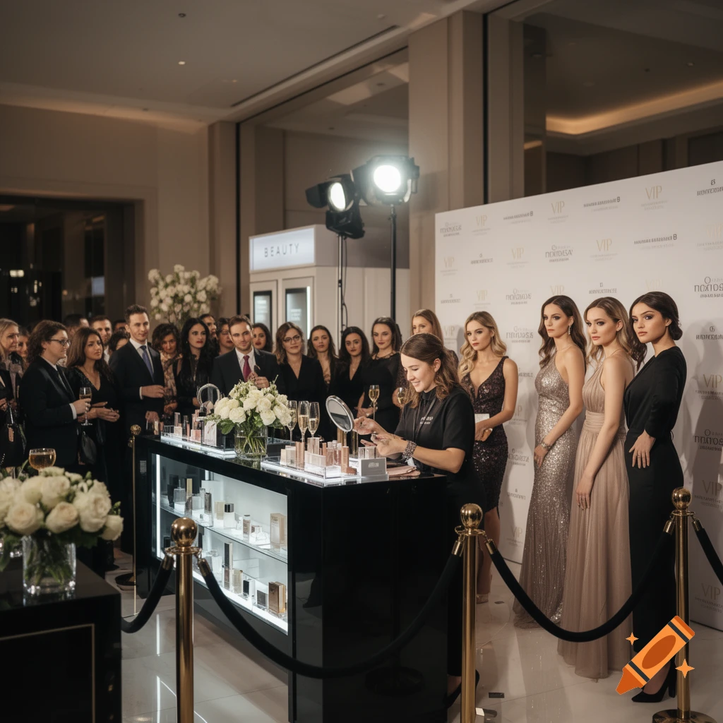 Photorealistic scene of a VIP beauty event with models posing on a red carpet backdrop and a makeup counter.