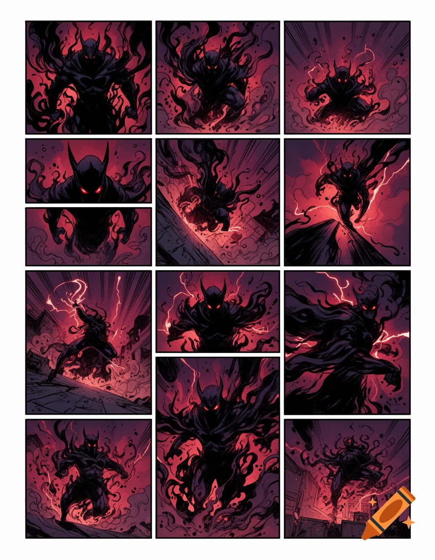 Comic book style page featuring multiple panels of a shadowy dark hero with glowing red eyes surrounded by dark energy and red lightning.