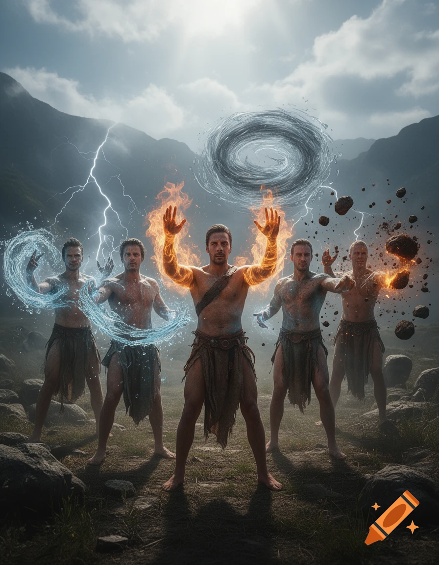 Photorealistic image of five male elemental mages in loincloths standing in a mountainous landscape, each casting a different element: water, fire, and earth.