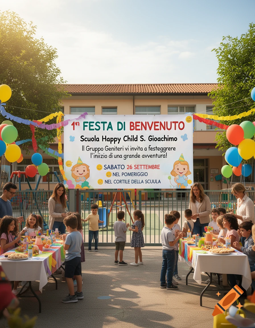 Photorealistic image of children and families celebrating a school welcome party in a school courtyard with a large banner.