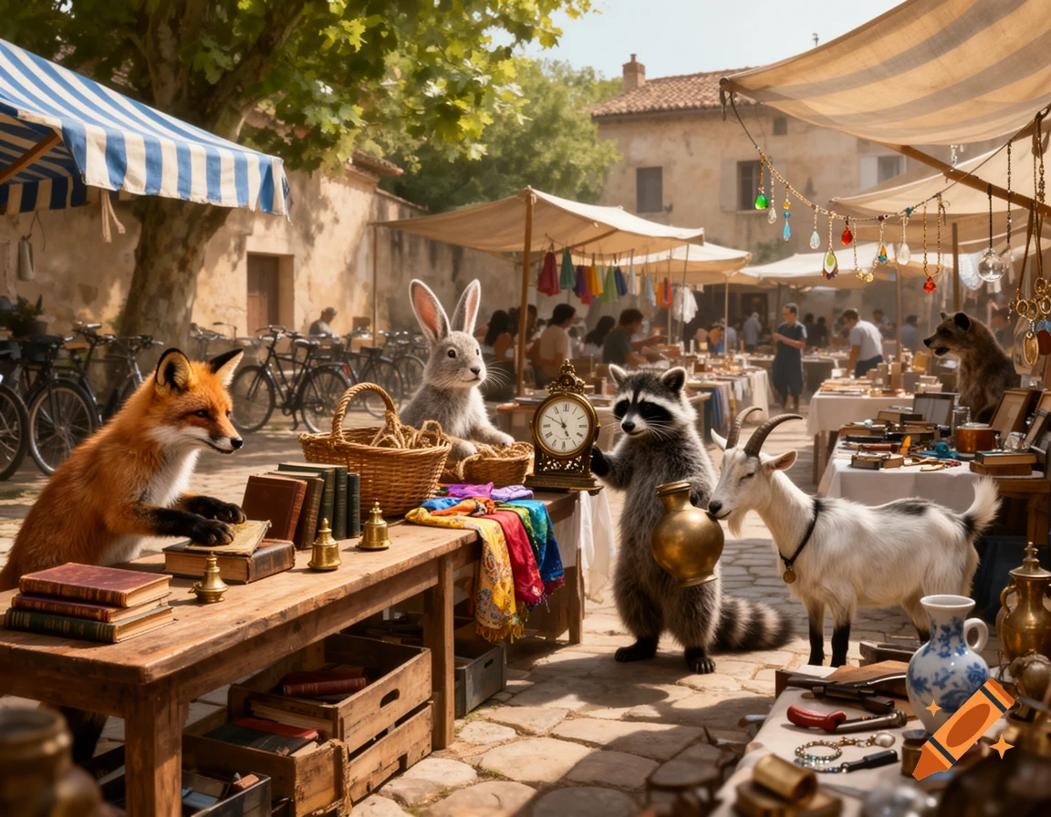 Anthropomorphic animals including a fox, rabbit, raccoon, and goat selling items at an outdoor flea market, realistic style.