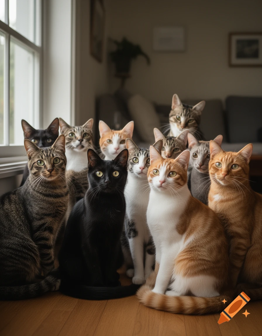 A close-up photorealistic shot of ten diverse cats gathered together indoors on a wooden floor.