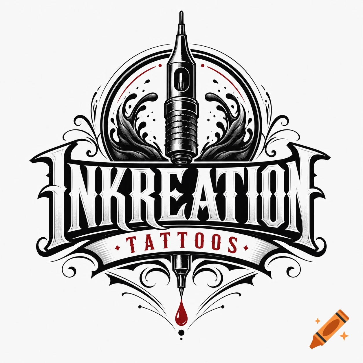 Black and white tattoo studio logo with a tattoo machine, decorative scrolls, and red details.