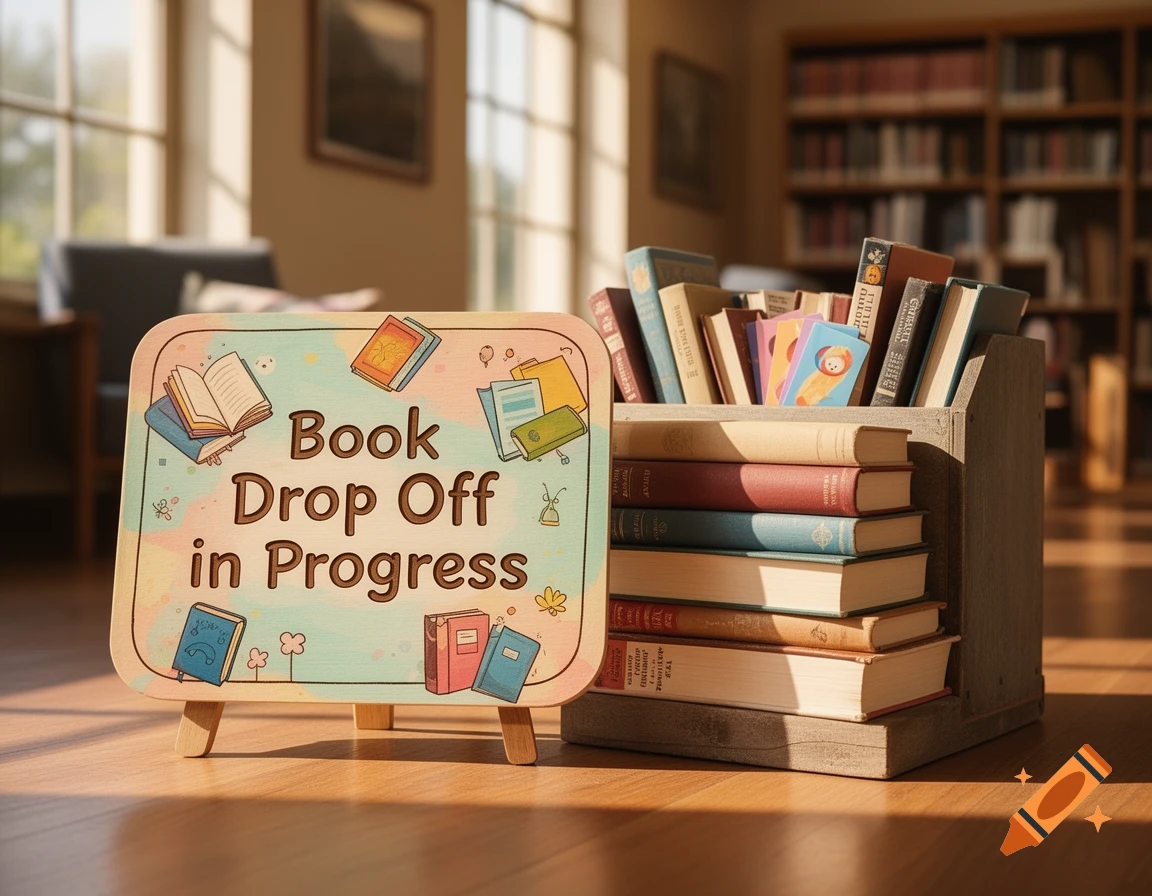 A cute sign on a wooden easel that reads 'Book Drop Off in Progress' in a library setting with books.
