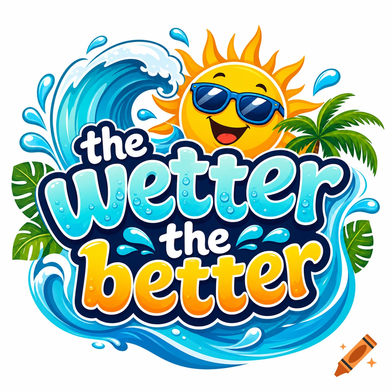 Colorful cartoon waterpark logo with sunglasses-wearing sun, palm tree, and the text the wetter the better.