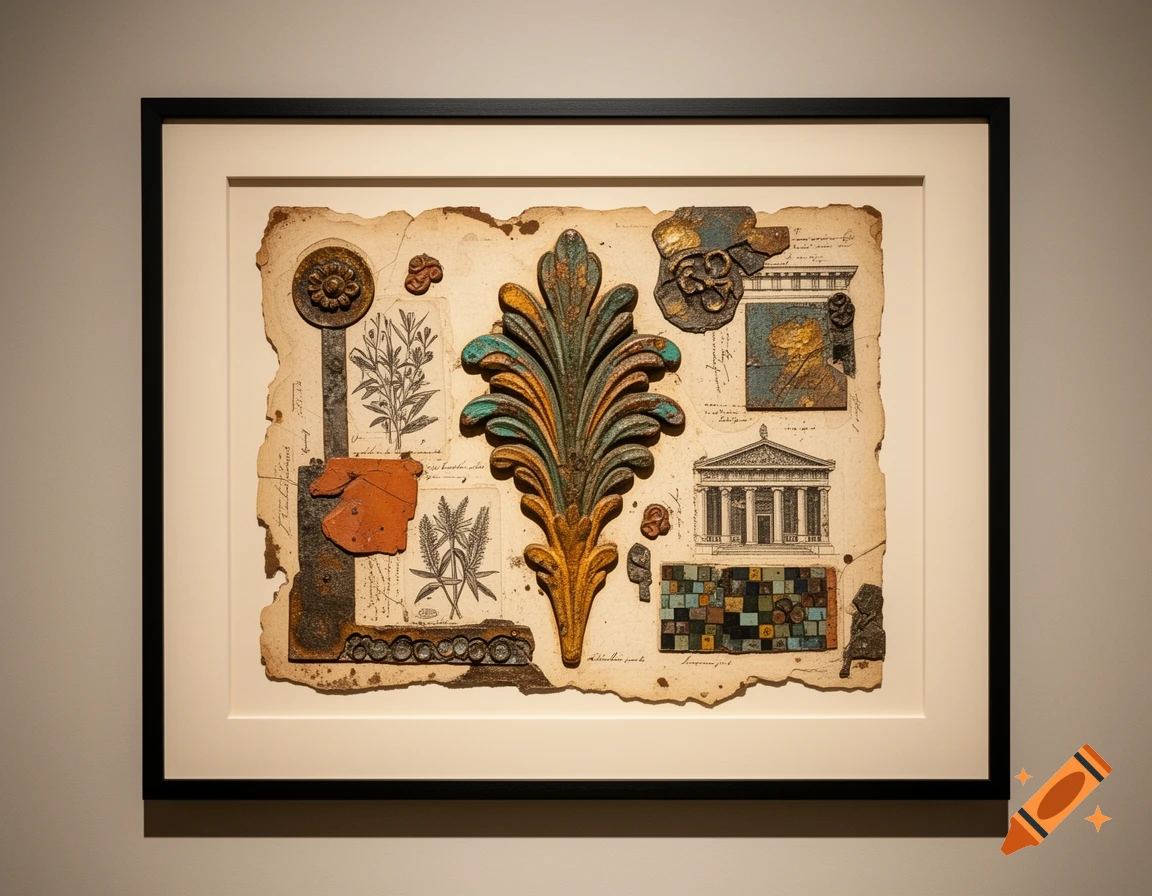 Mixed media art collage featuring an acanthus plume, botanical sketches, and architectural drawings in a frame.