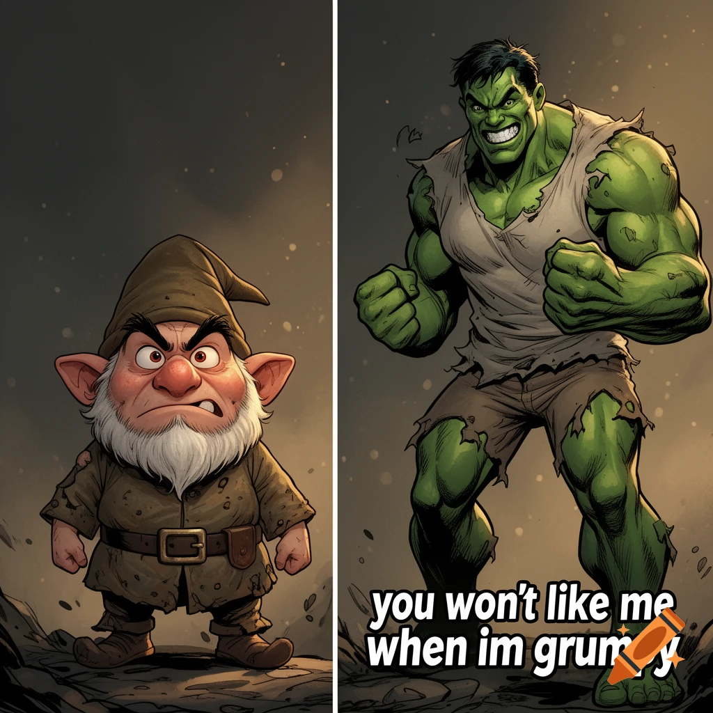 Split image showing a grumpy gnome on the left and a muscular green Hulk character on the right with text that reads 'you won't like me when im grumpy'.