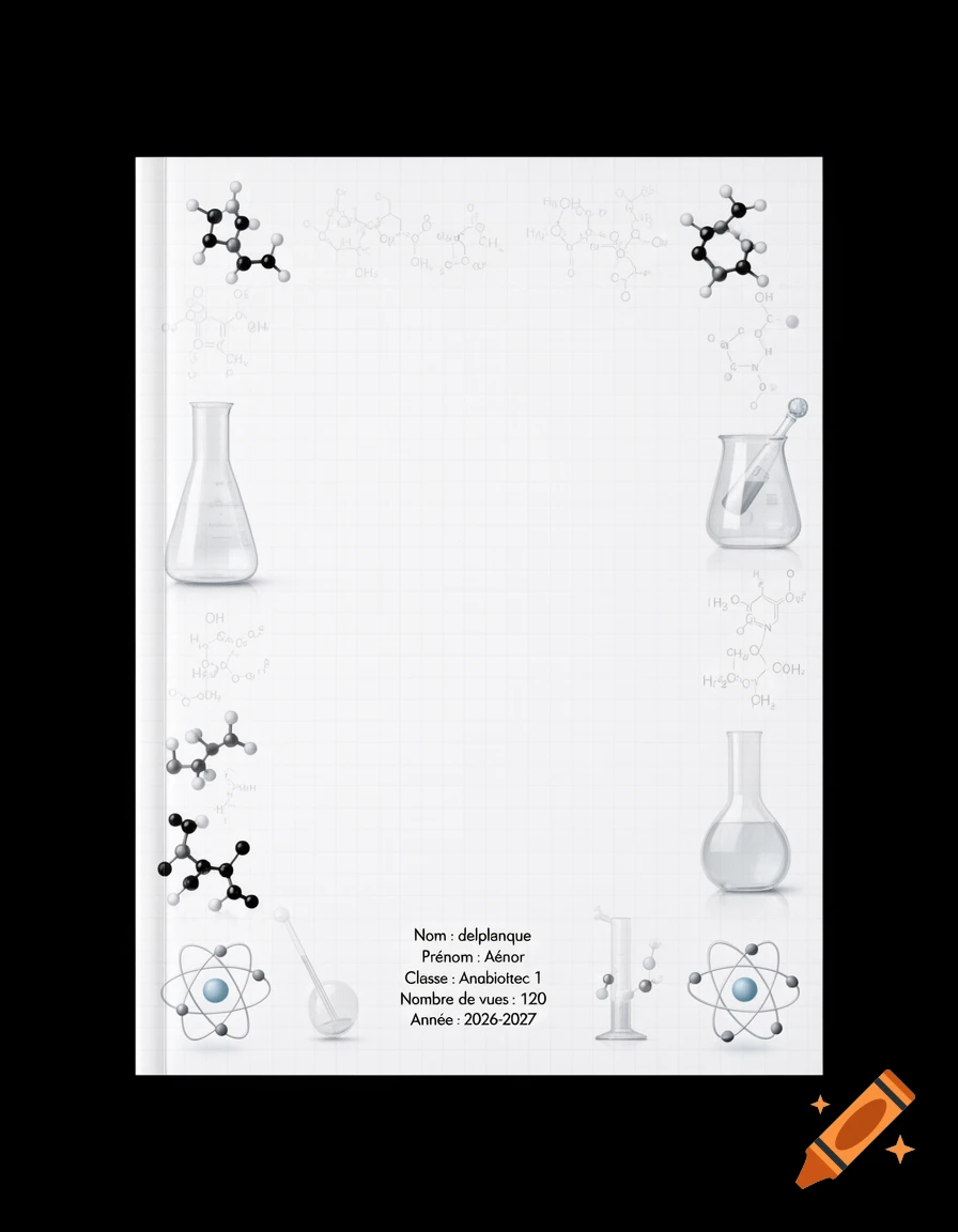 Chemistry notebook cover with chemical structures, flasks, and student information text.