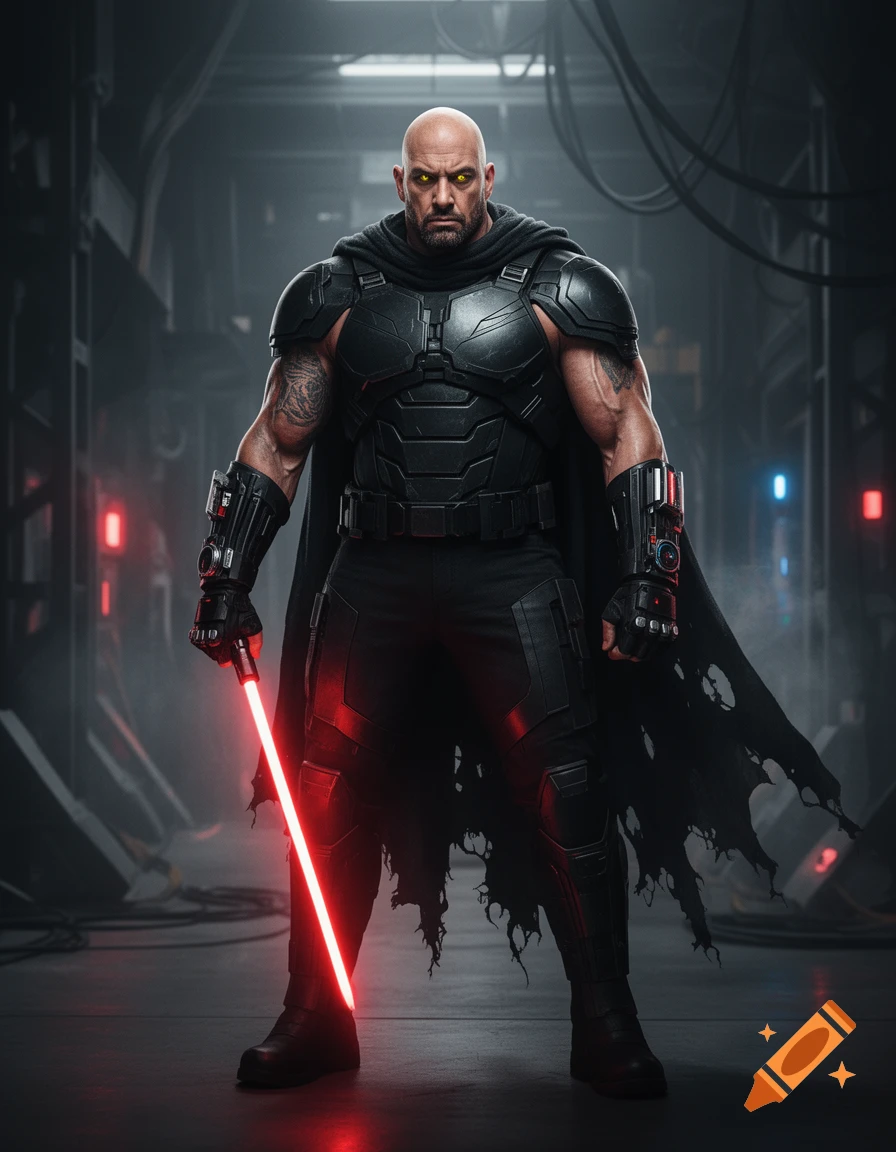 Photorealistic depiction of a muscular bald man in black futuristic armor with a red lightsaber and tattered cape in a dark industrial corridor.