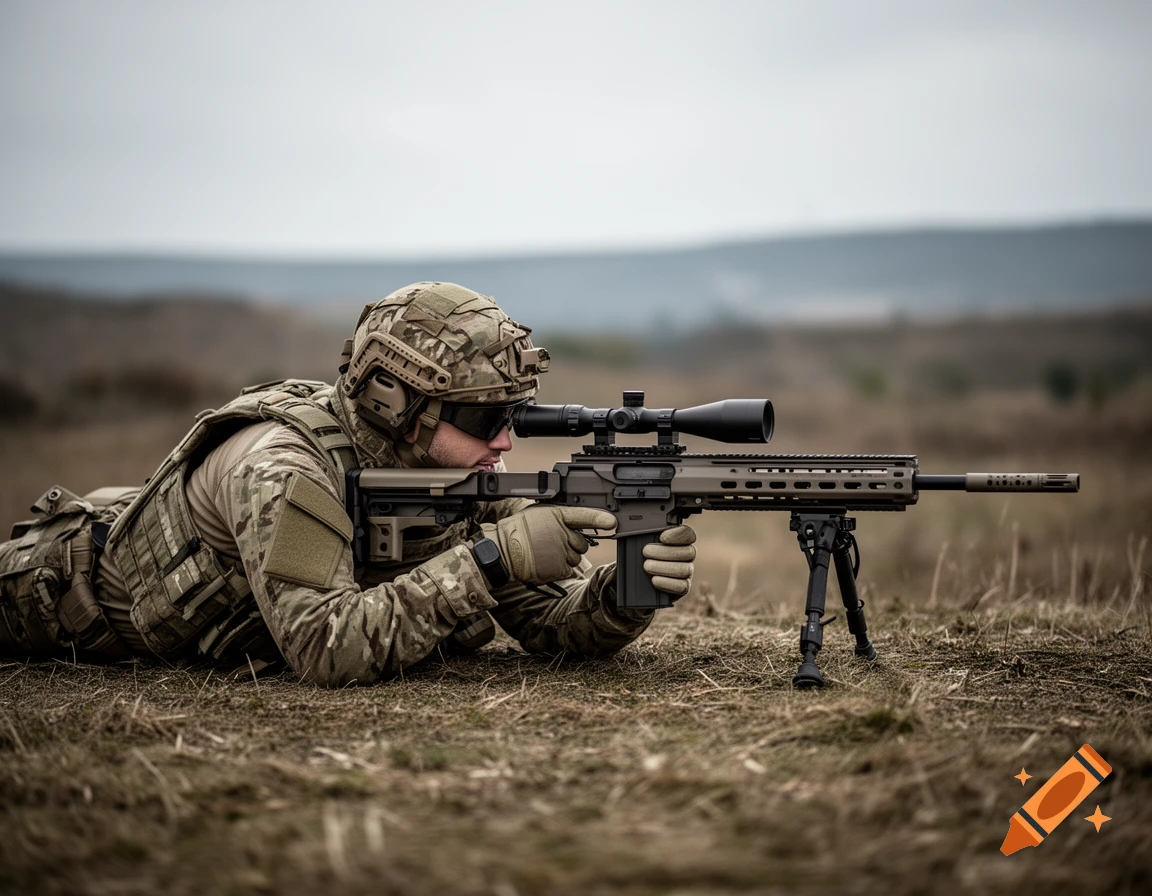 Photorealistic image of a sniper in camo gear lying prone in a field, aiming a large rifle with a scope.