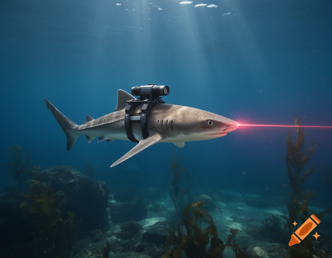 Photorealistic image of a dogfish shark swimming underwater with a camera harness and a red laser beam extending from its nose.