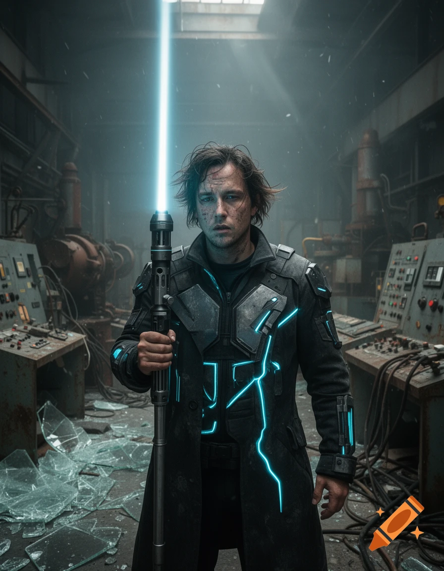 Photorealistic portrait of a man in a futuristic coat holding a glowing staff inside an industrial workshop with broken glass on the floor.