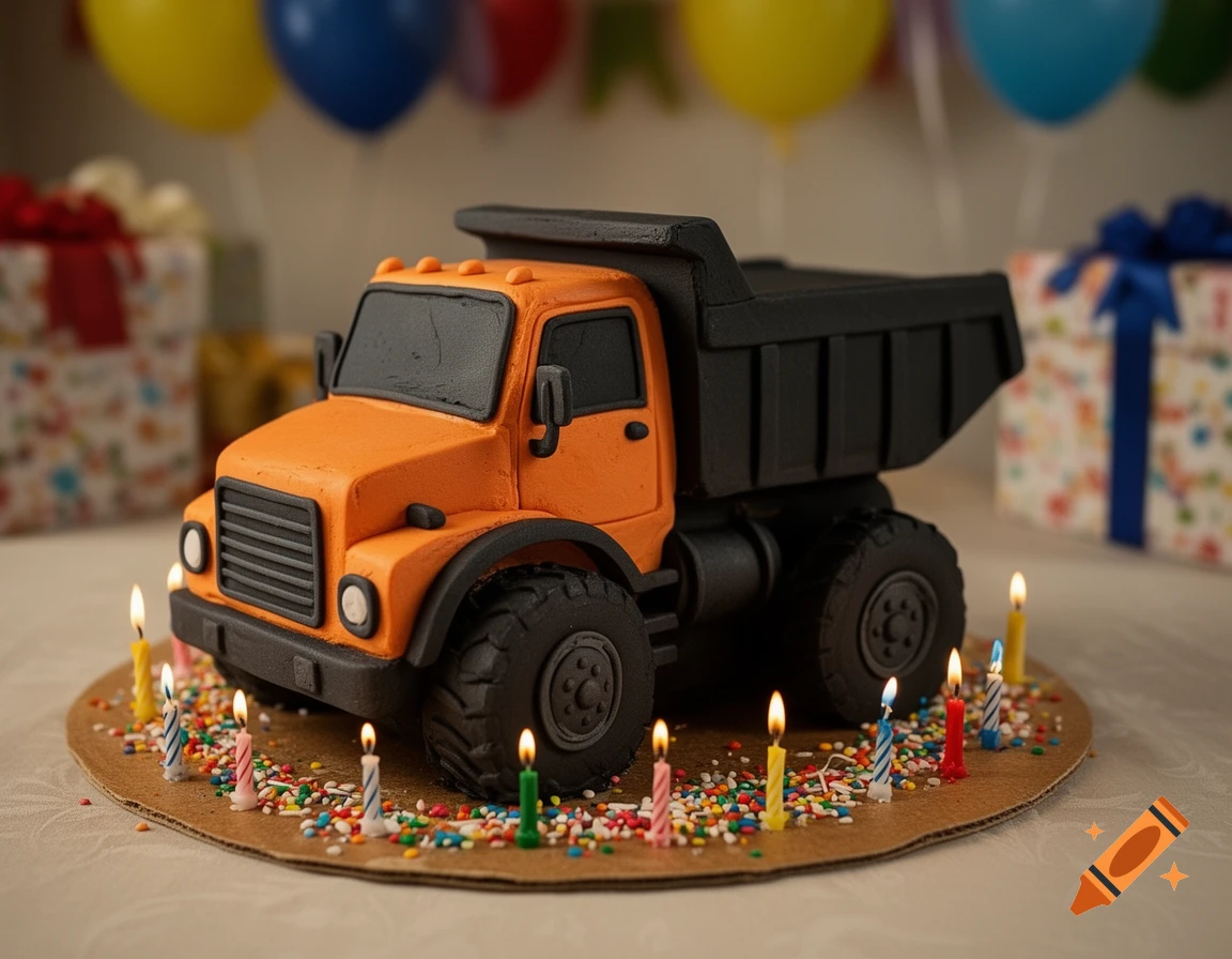 Photorealistic birthday cake designed as an orange and black dump truck with sprinkles and lit candles on a cardboard base.