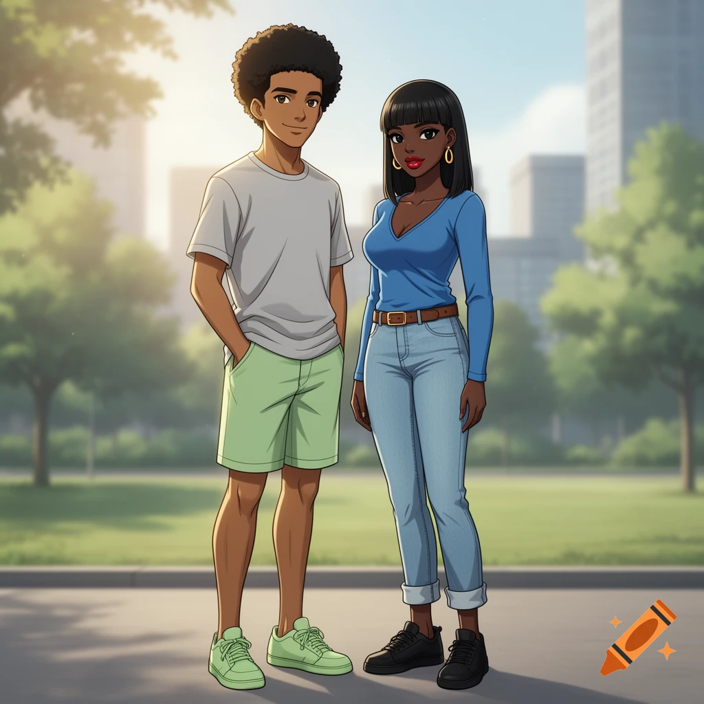 Anime style illustration of a young man and woman standing together in a park with city buildings in the background.