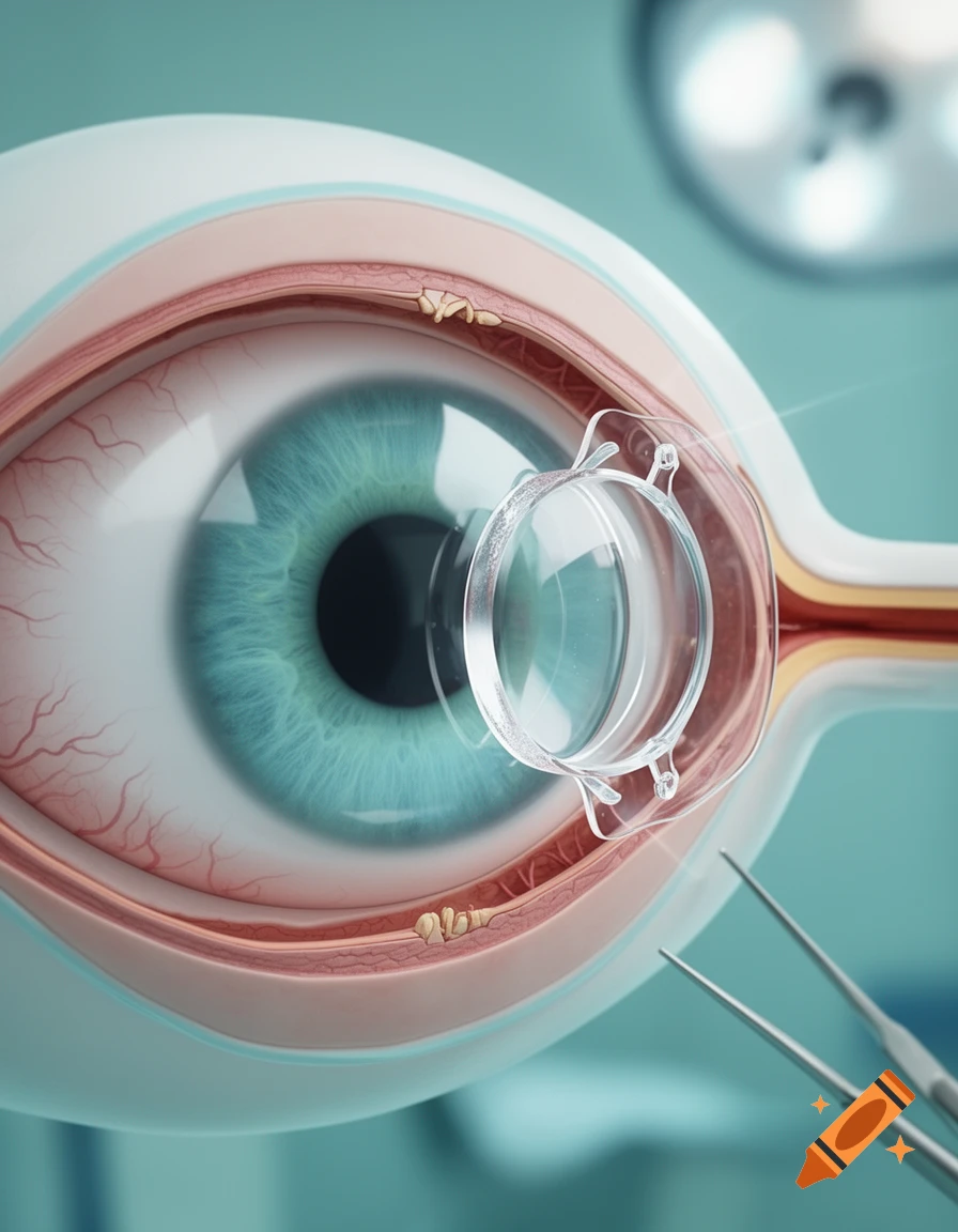 3D medical illustration of a human eye with an add-on intraocular lens being inserted by surgical tweezers.