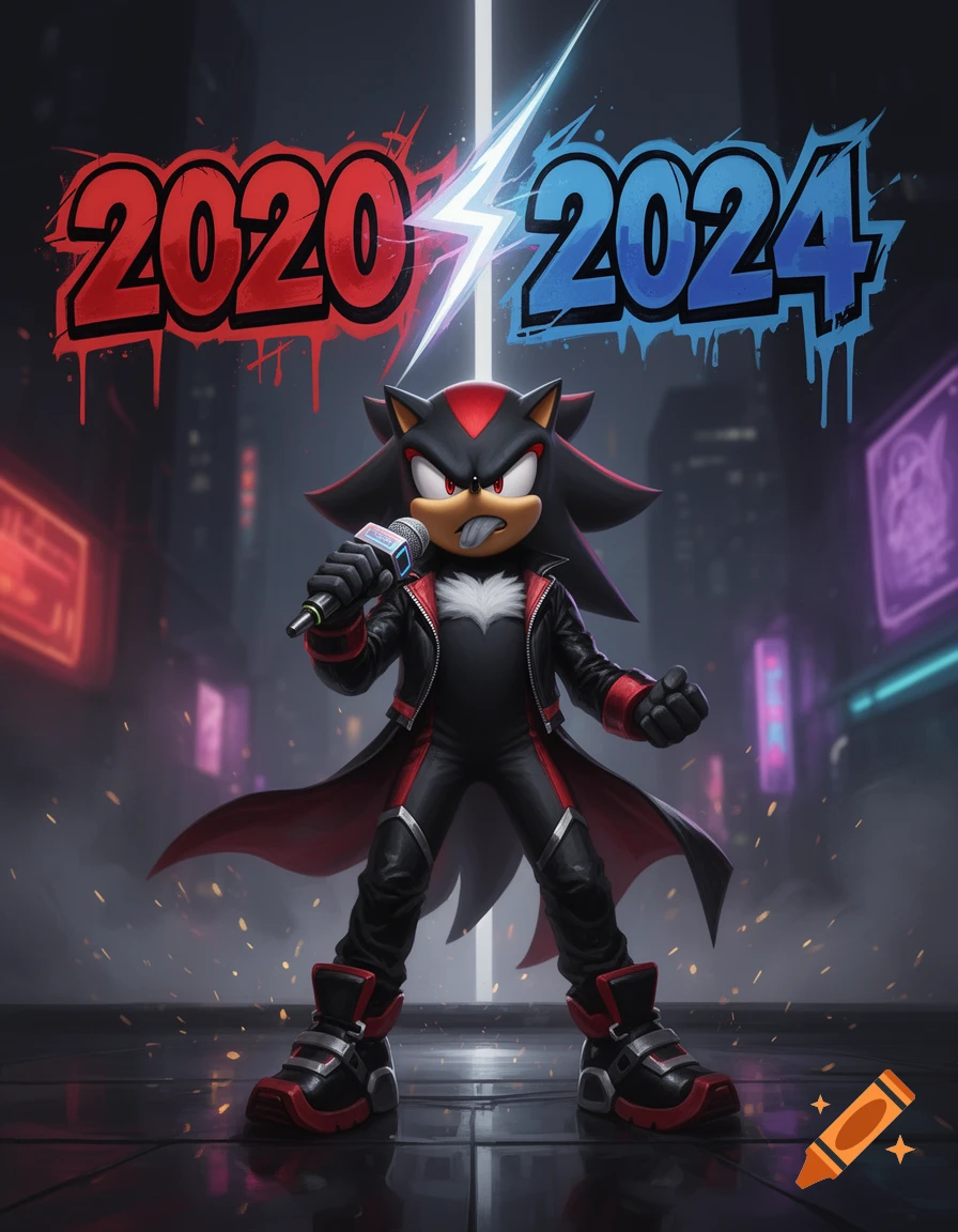 Shadow the hedgehog in a black rapper suit holding a microphone with '2020' and '2024' text above in a city setting.