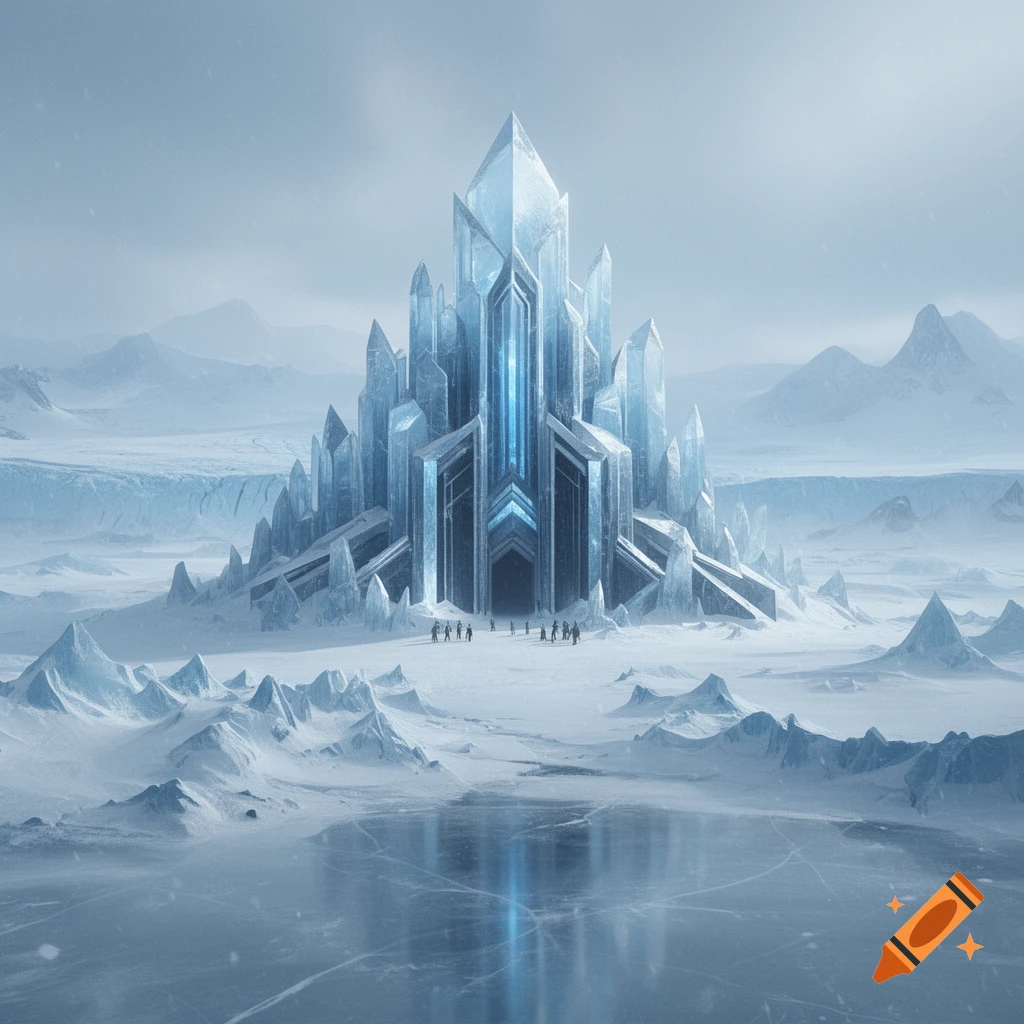 A majestic crystal fortress standing amidst a snowy landscape with distant mountains, photorealistic style.