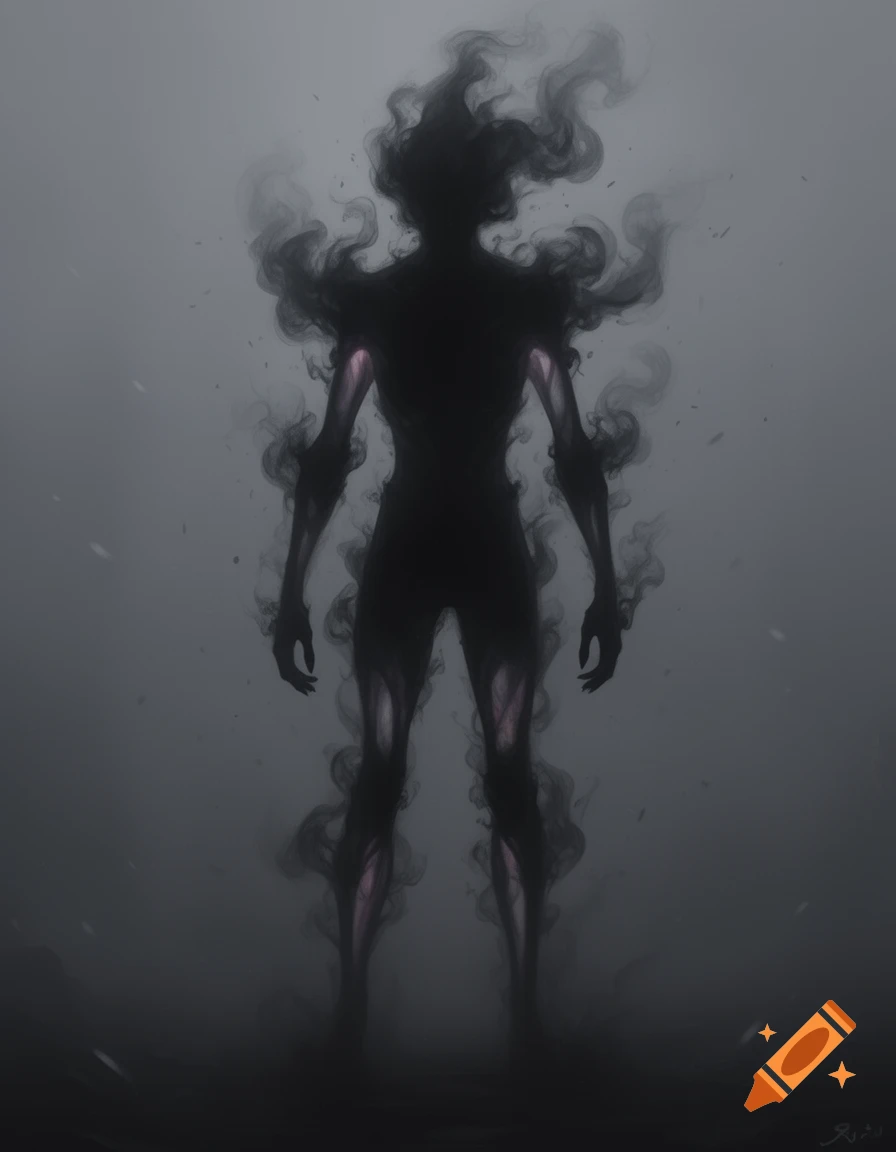Digital art of a shadowy, humanoid creature with smoky wisps and semi-transparent joints against a gray background.