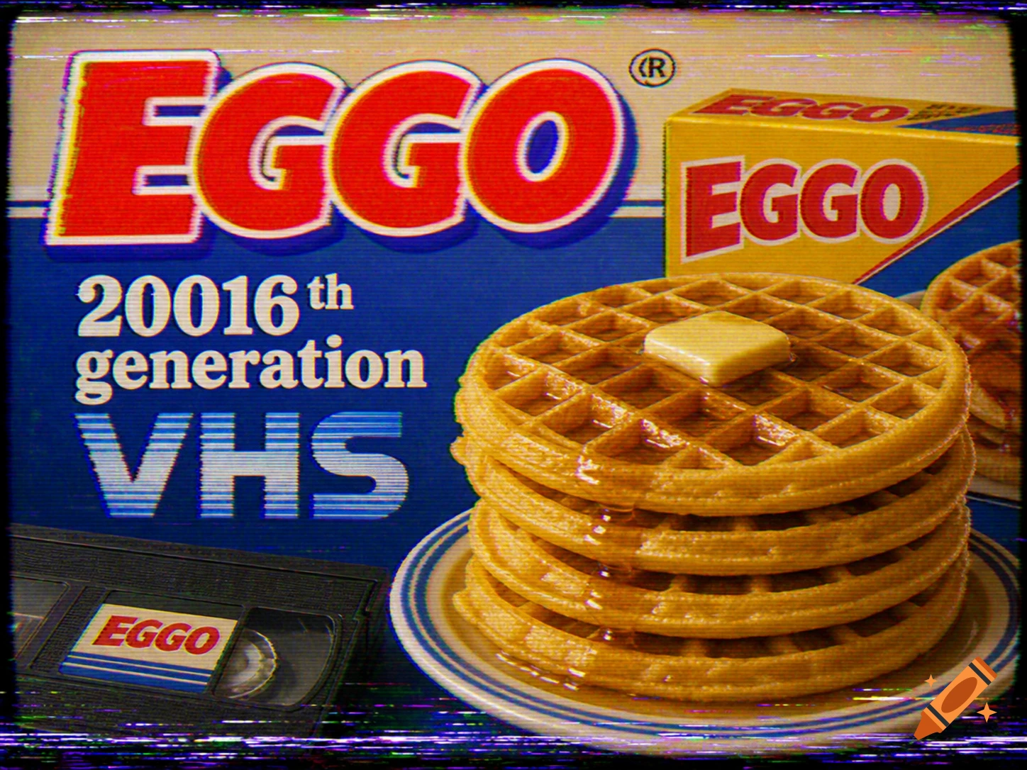 Retro VHS box and tape for Eggo waffles with a stack of waffles on a plate, featuring intentional glitch and tracking effects.